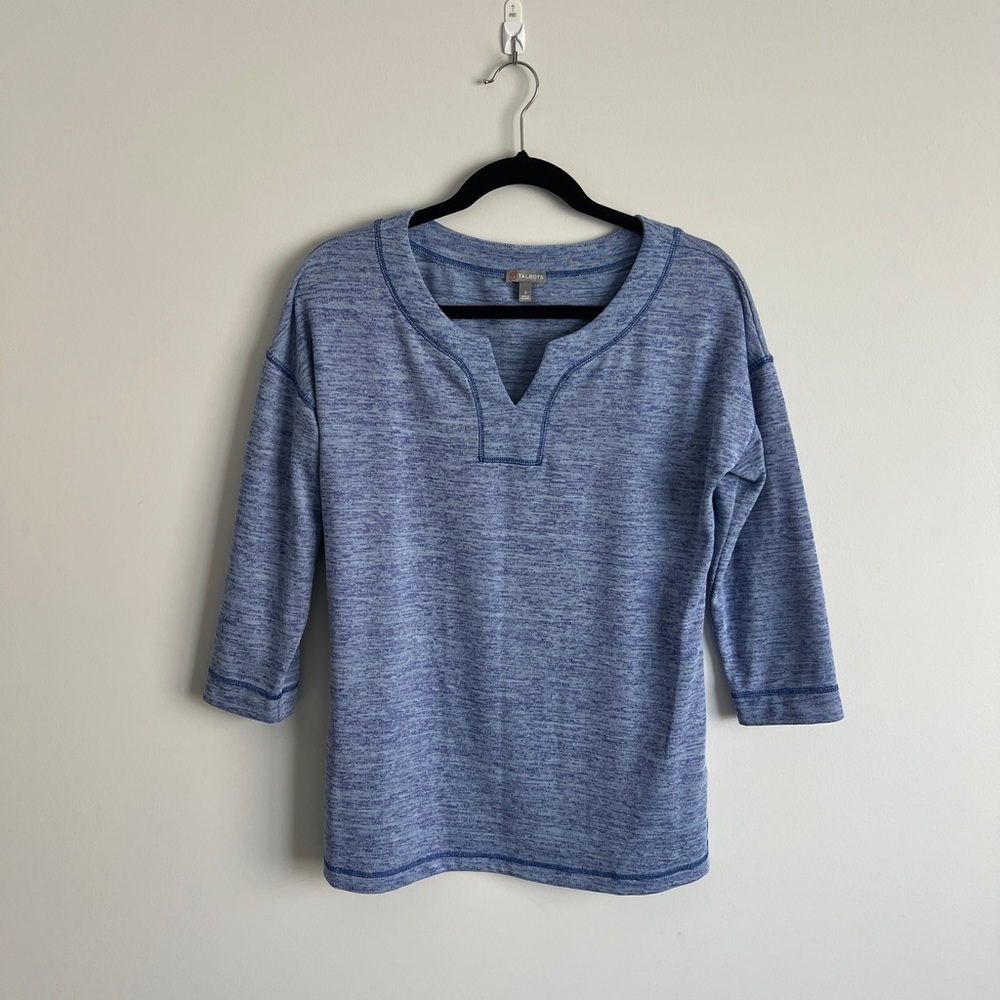 T by Talbots Tunic Top Woman’s small Split V neck Heather Blue 3/4 Sleeve Knit S